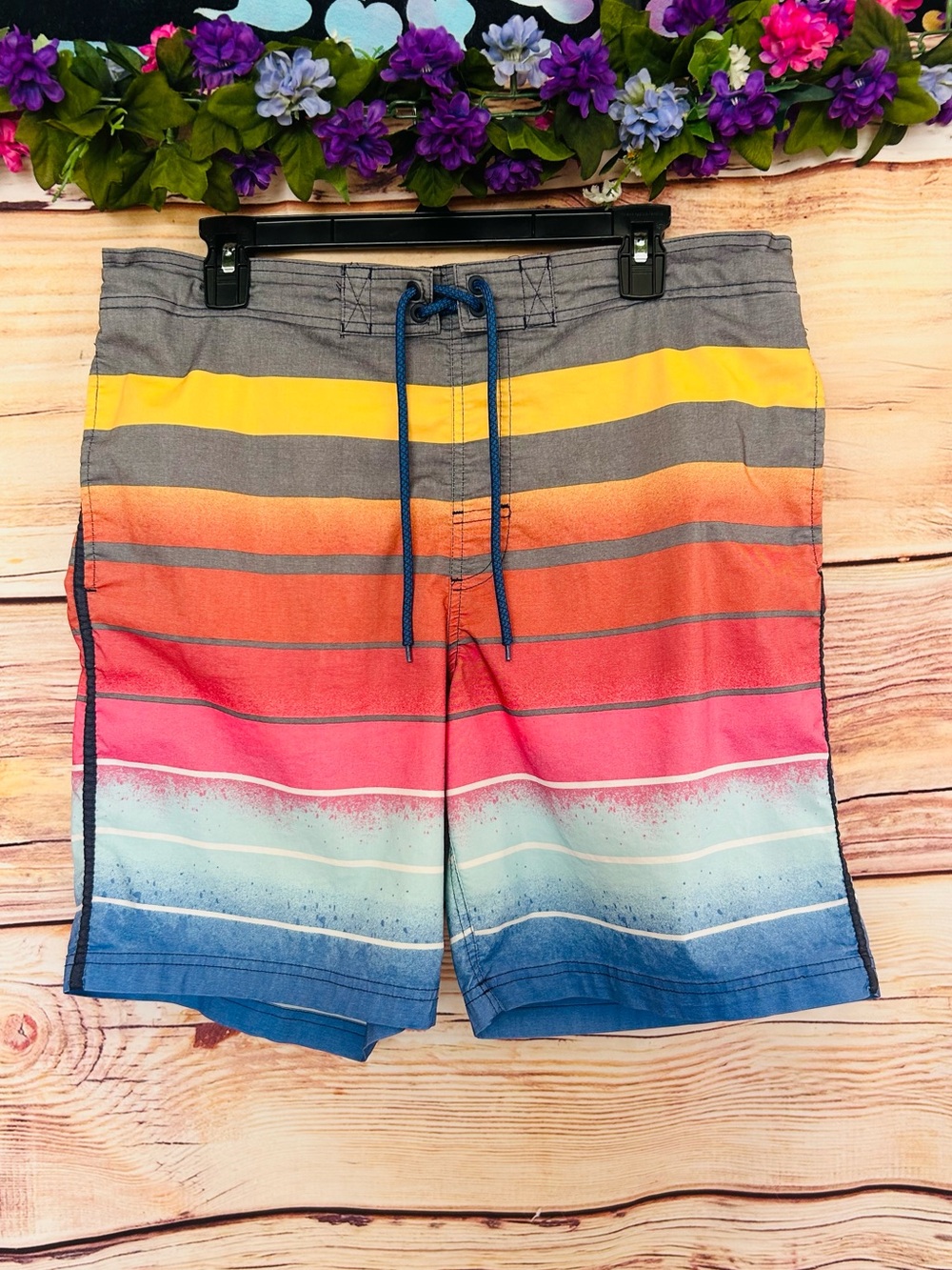 George Men’s Colorful Striped Lace Up Swim Shorts Size L